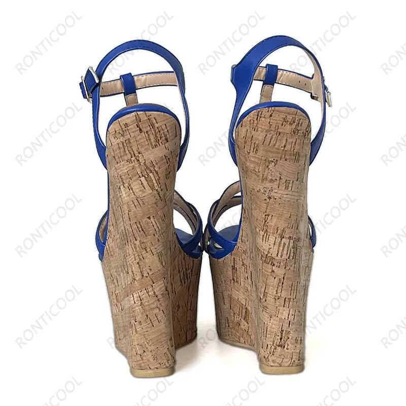 Ronticool Handmade Women T-strap Sandals Ultra High Wedges Heels Round Toe Classics Black Dress Shoes Ladies US Plus Size 5-15
