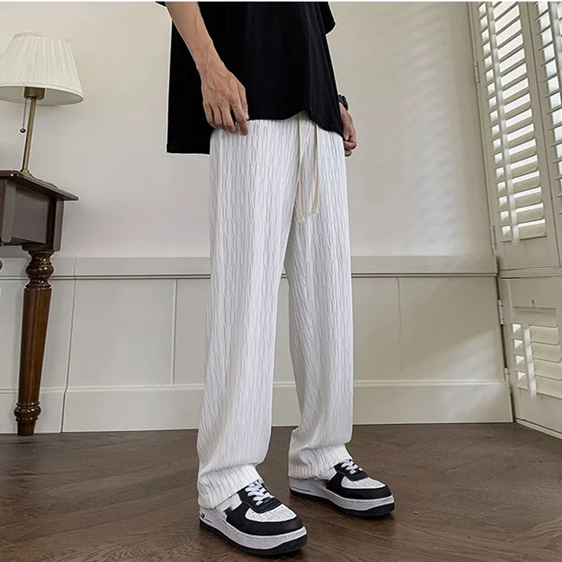 

Summer Autumn New Thin Pants 2023 Fashion Casual Loose Straight Wide Leg Trousers Elastic Waist Solid Print Male Pants