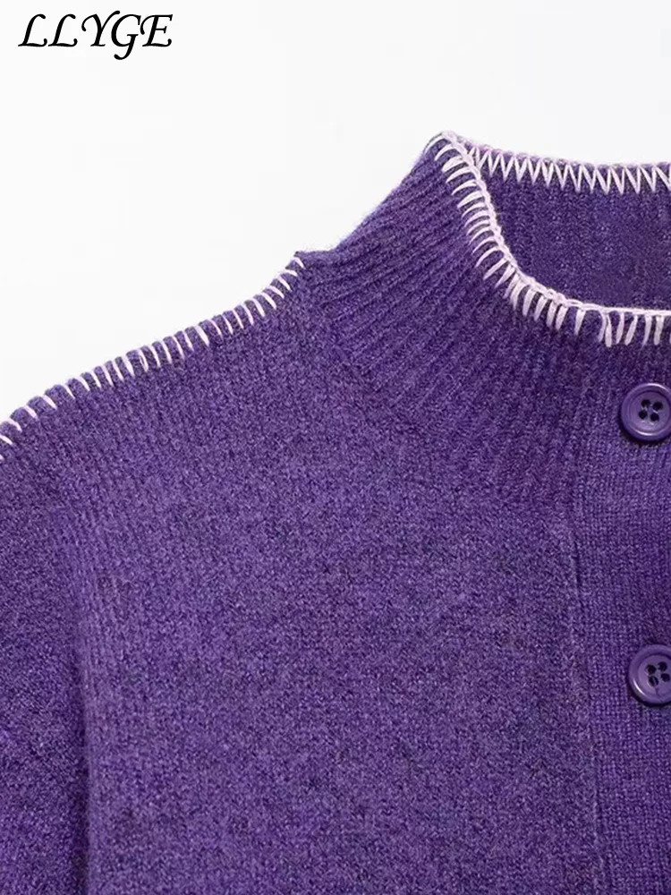 Cardigan court en tricot violet pour femme, col montant, simple boutonnage, pull à manches longues, tricots confortables pour femme, mode de rue, automne, 2024