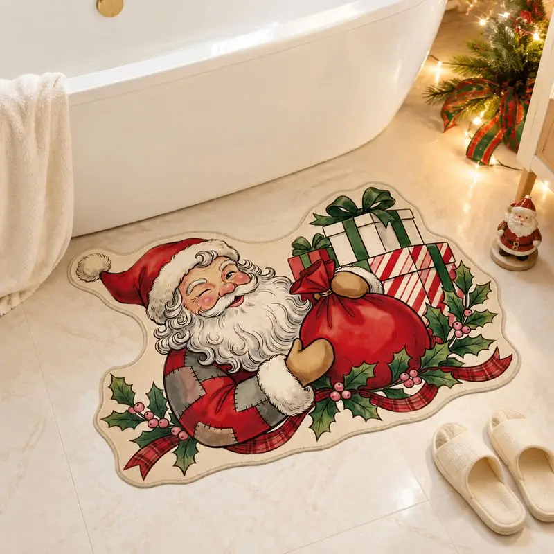 VIKAMA Santa Claus Gift Bag Rug Christmas Bath Mat Irregular Shape Welcome Rug Bathroom Kitchen Floor Mat Xmas Decor