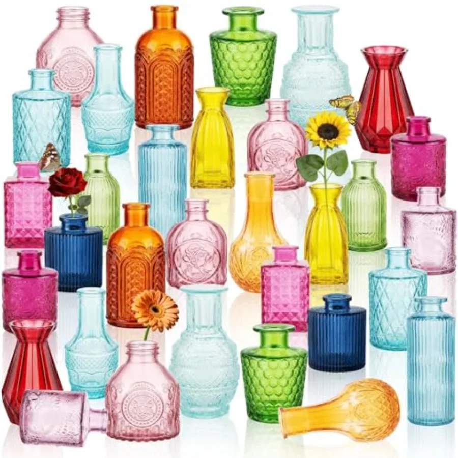 

Набор из 32 винтажных цветных стеклянных мини-ваз для декора стола, свадебных композиций, украшения дома и подарков