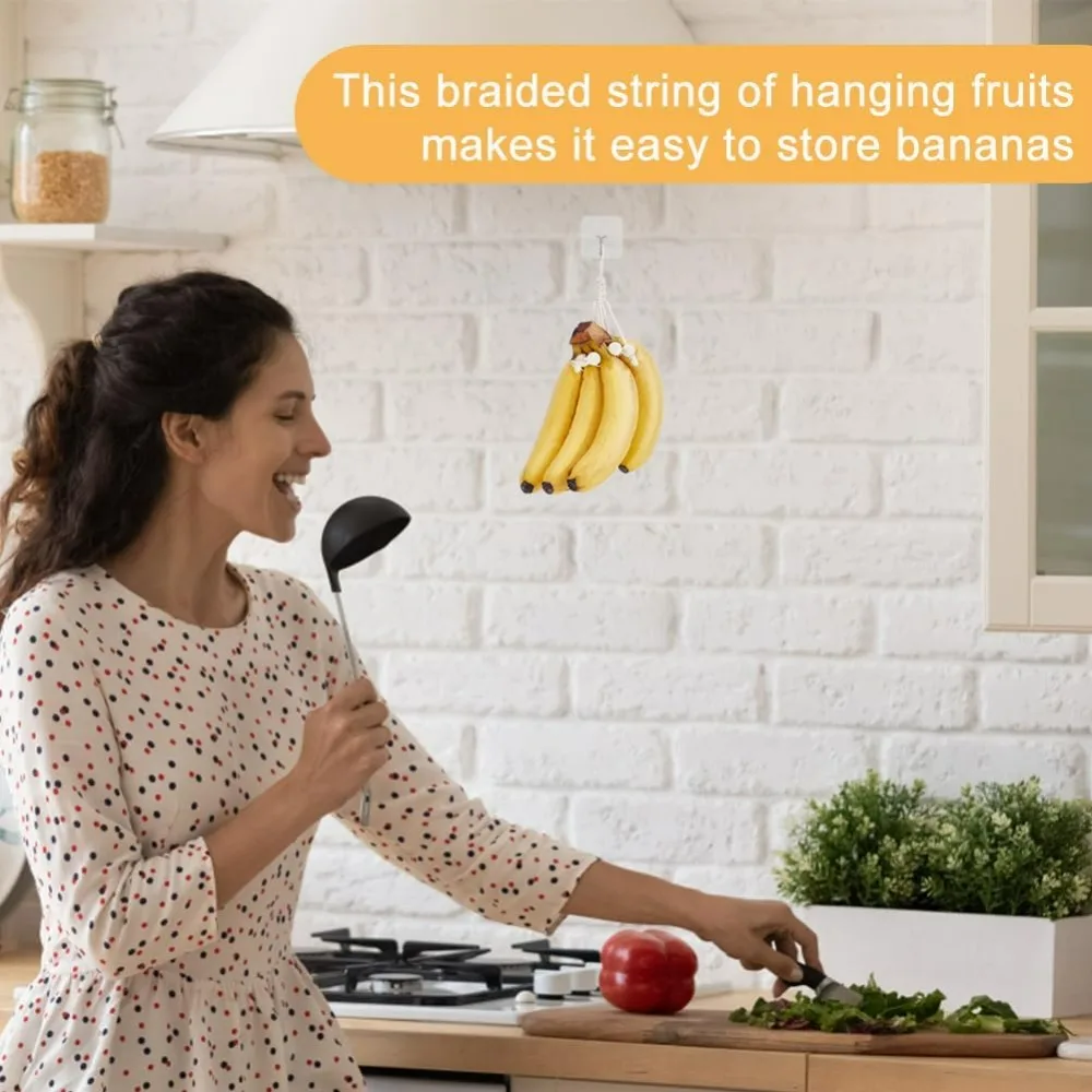 2 Sets Wood Bead Banana Hanger with Adhesive Hook & Screw Hook Banana Hanging Under Cabinet with Wood Bead Fruit Hanging Cotton