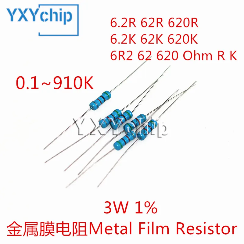 10 buah 3W 0, 1R-910K Resistor Film logam, cincin lima warna 6,2r 62R 620R 6.2K 62K 620K 6R2 62 620 Ohm R K akurasi 1% resistensi