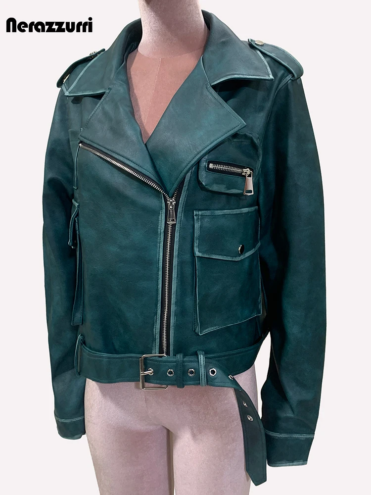 Nerazzurri Spring Autumn Vintage Short Washed Distressed Green Soft Pu Leather Moto & Biker Jacket Women Zipper Belt Long Sleeve