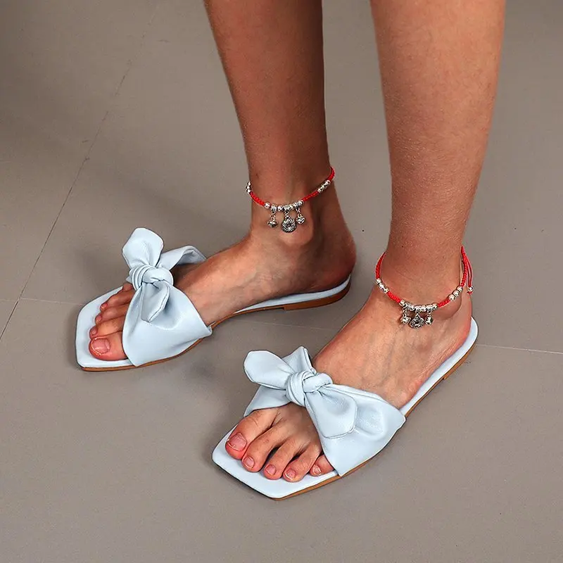 Square Toe Sandals Leaky Toe Flat Shoes Outdoor Casual Slides Comfortable Butterfly-knot Shoes 2022 New Summer Women's Slippers