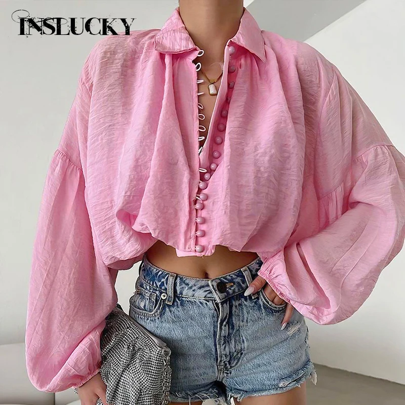 InsLucky Chiffon Lantern Sleeve Blouse Women Single Breasted Loose Cropped Top Turndown Collar Folds Office Lady Blouse Tops