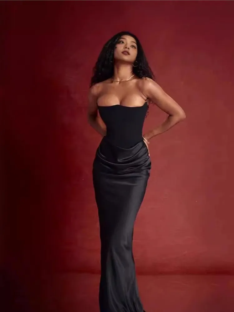 

2025 Summer Strapless Long Evening Gown Pleated Waist Slim Fit Satin Dress With Tight Corset Package Hip Design For Club Party
