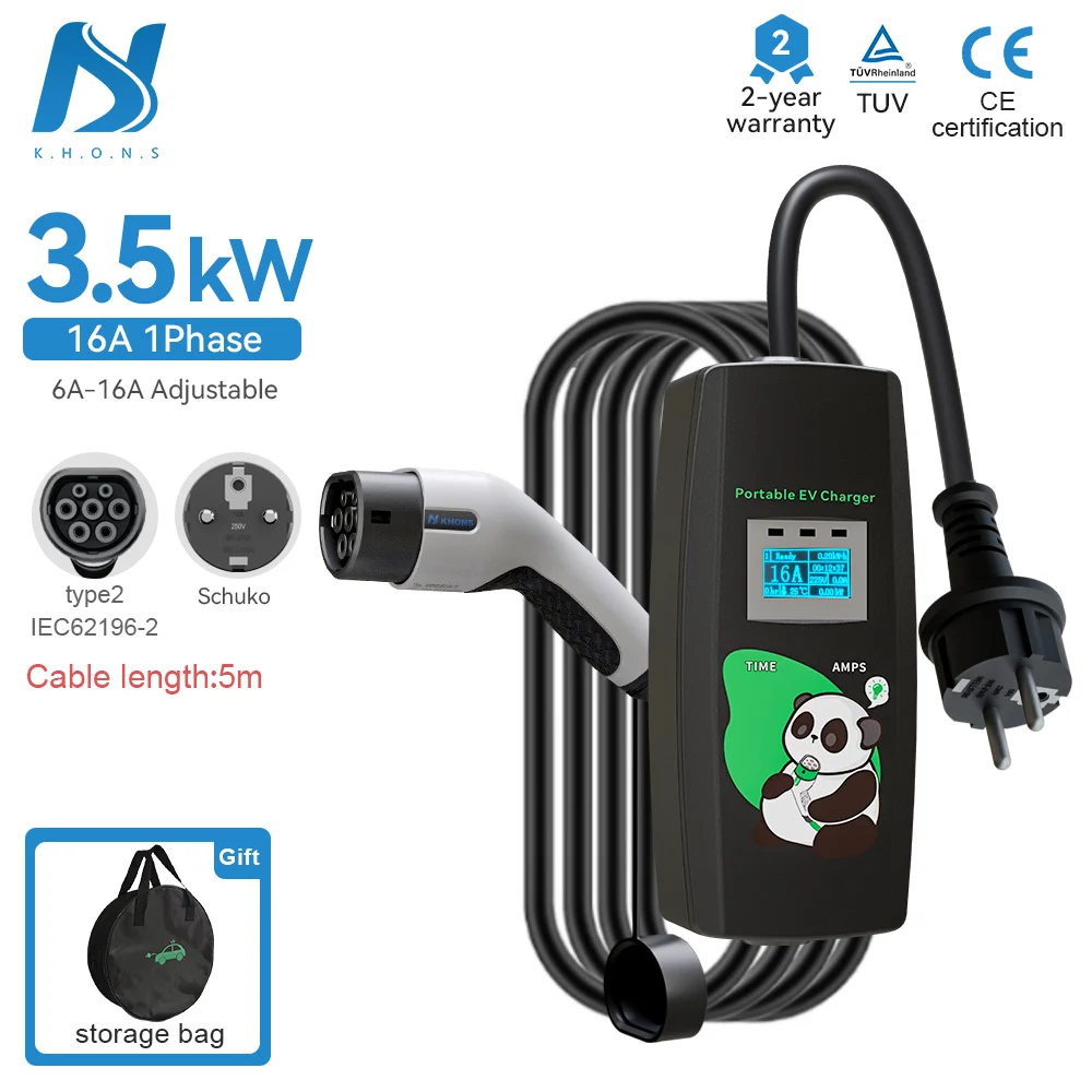 Khons Portable Electric Car Charger 3.5kw Charger Type2 Charger Cable 16A EV Charger Three Phase EVSE Charging Box