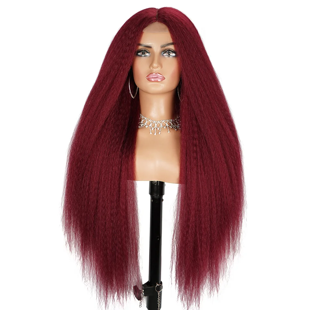 Longo Marrom Kinky Em Linha Reta Peruca Sintética, Cobre Vermelho Yaki Perucas, Linha Fina Natural, Cabelo Temperatura de Calor, 28 ", 30"