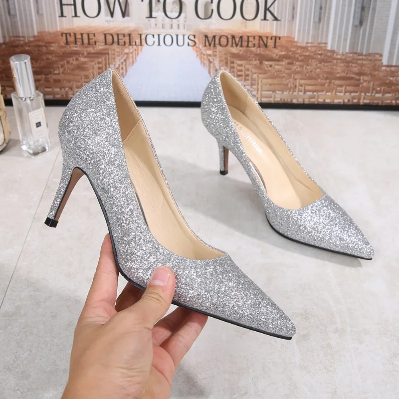 

New Women's Elegant Sexy High Heels Pointed Toe Stiletto Sequin Shallow Mouth Single Shoes Trendy Ladies Office Work Pumps 7.5cm