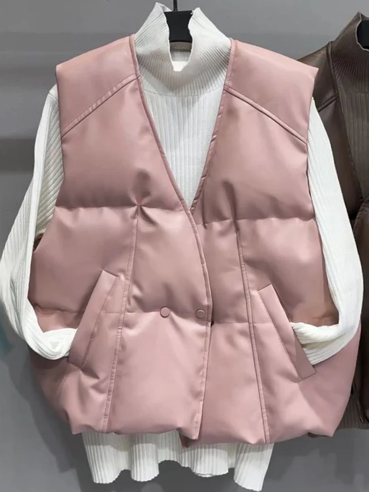 plus Size Autumn Winter Sleeveless PU Leather Vest Fashionable Slimming Short Outerwear for Small Stature Women Straight Cut ...