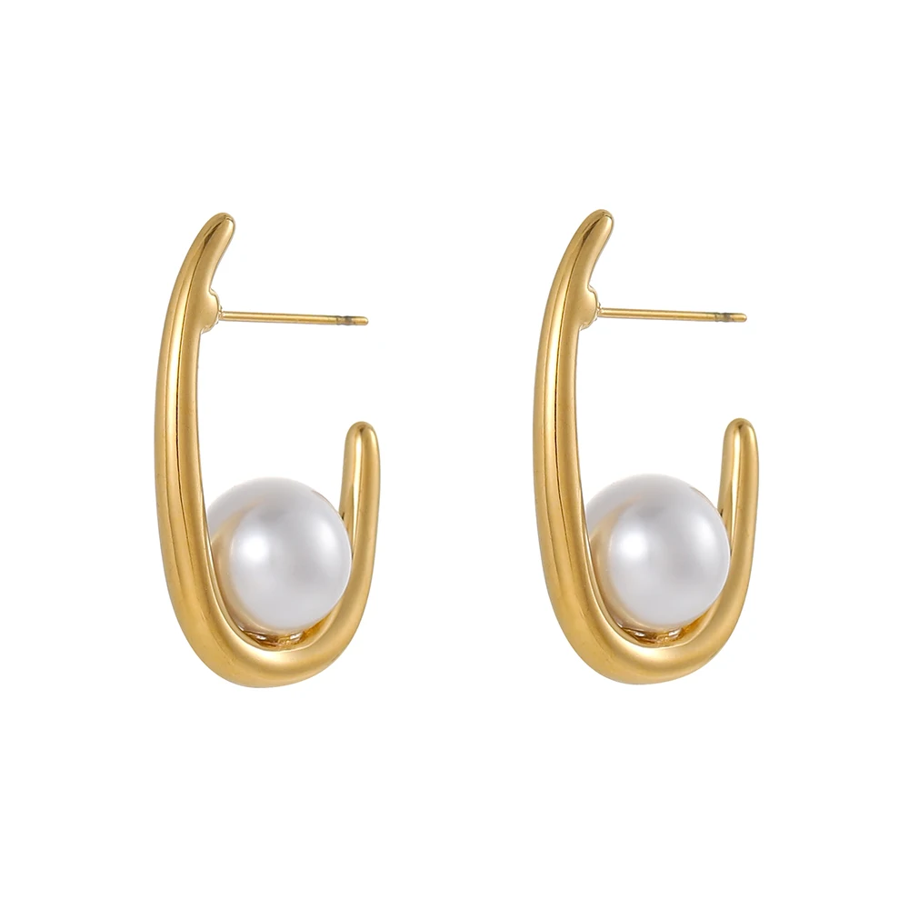 CARLIDANA Design français en acier inoxydable plaqué or U perle arc fleur boucles d'oreilles pour femmes mode haute qualité bijoux de luxe