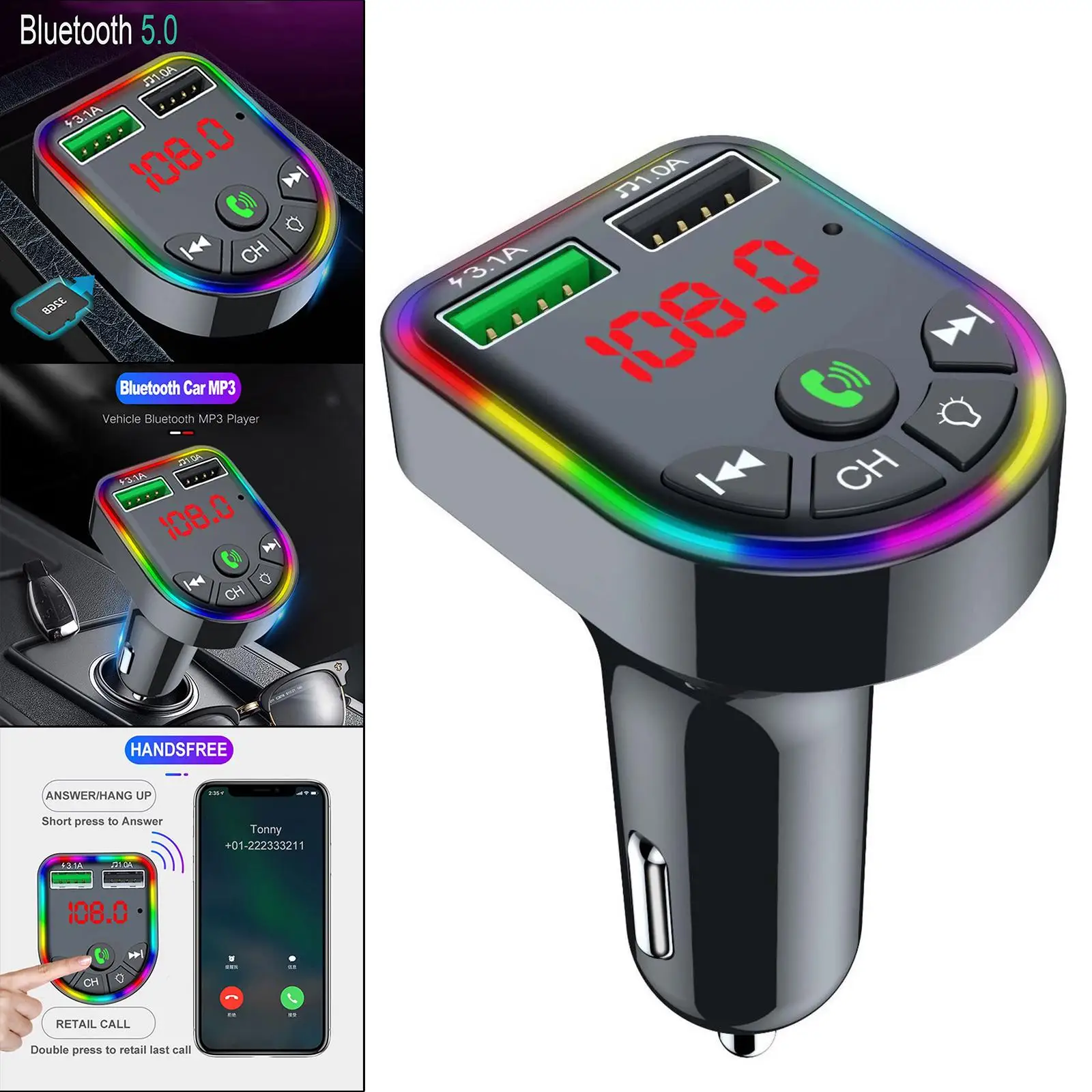 Car Charger Wireless Bluetooth FM Transmitter Fast RGB Backlit