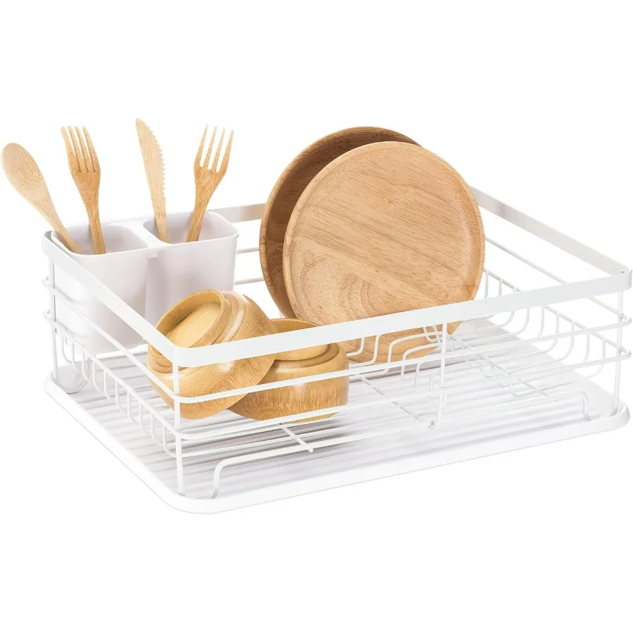 Scolapiatti - Stendino per piatti, posate, pentole e padelle per cucina - Vassoio antigoccia dal design moderno e retrò con griglia in metallo - Bianco