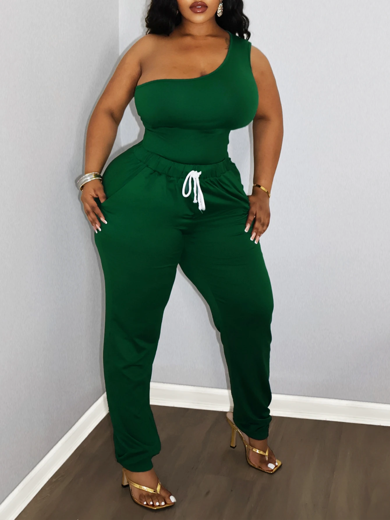 LW BASICS Plus Size Two pieces sets green One Shoulder Top + Drawstring Pants Set casual women\'s matching suit Elegant 2pcs set