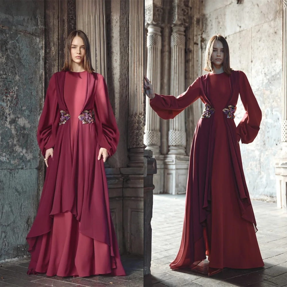 Темпераментное бордовое вечернее платье из джерси по индивидуальному заказу, изысканное платье с круглым вырезом и длинными рукавами, со шлейфом, платья для особых случаев на заказ