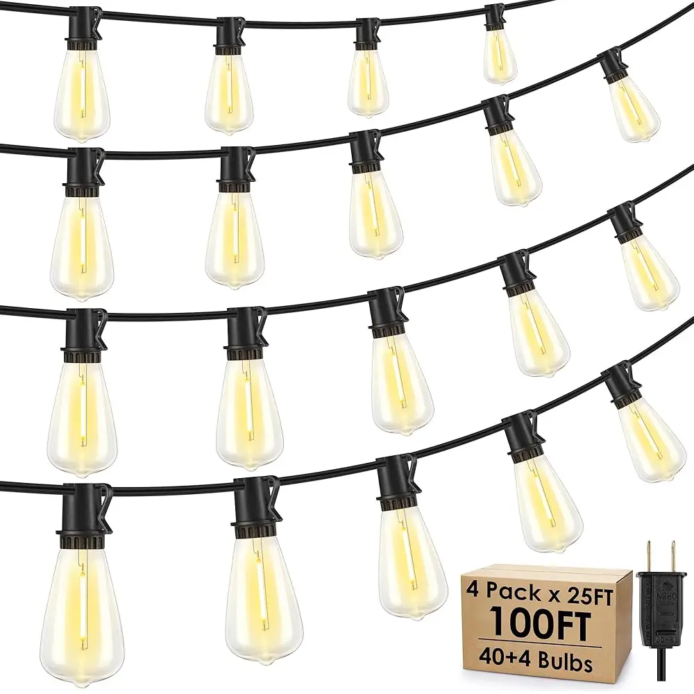 

Уличная гирлянда 30,5 м (4x25 футов) с 40+4 светодиодными диммируемыми водонепроницаемыми соединяемыми лампами Эдисона ST38 для беседки/патио