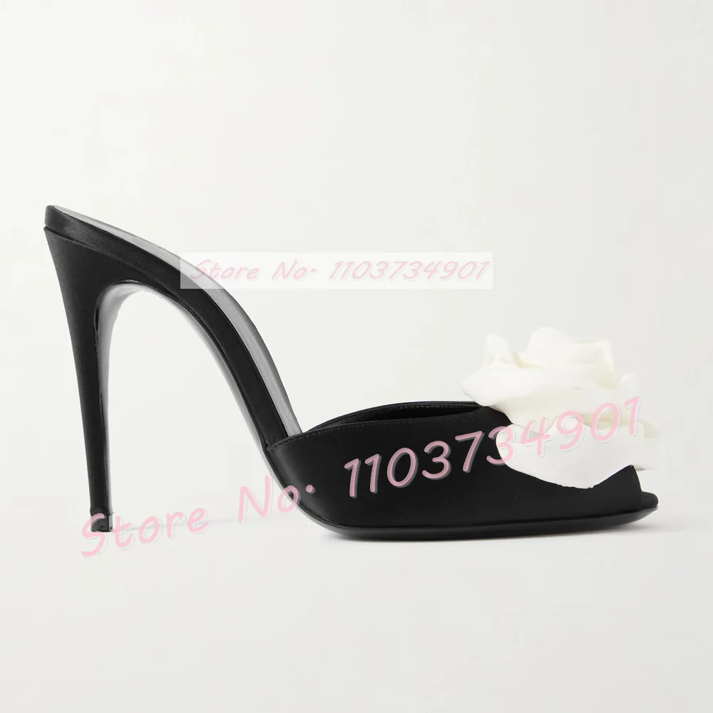 Pink Rose Flower Peep Toe Mules Women Elegant Black Satin Thin High Heels Slippers Female Party Floral-applique Flock Shoes