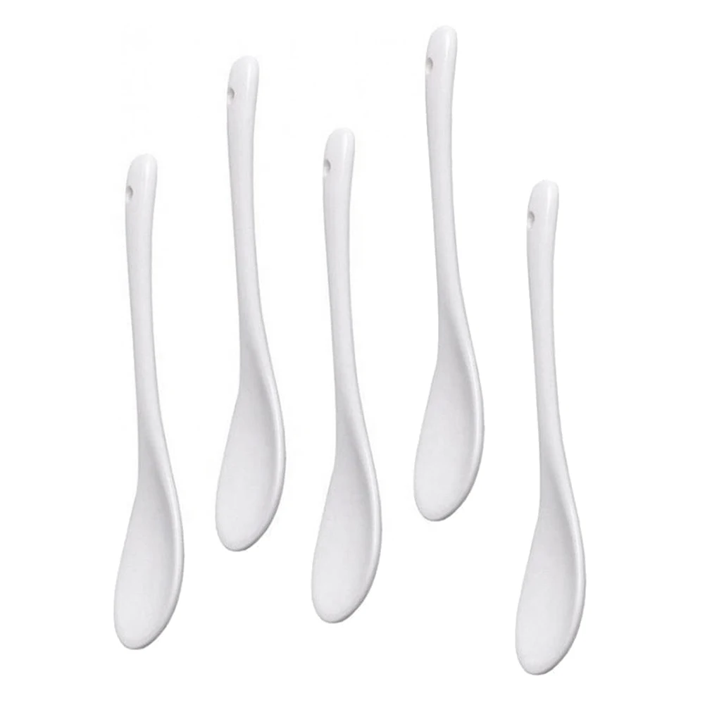 5PCS White Porcelain Egg Spoons Ceramic Spoons Coffee Spoon Dessert Spoon Mocha Dip Serving Spoon