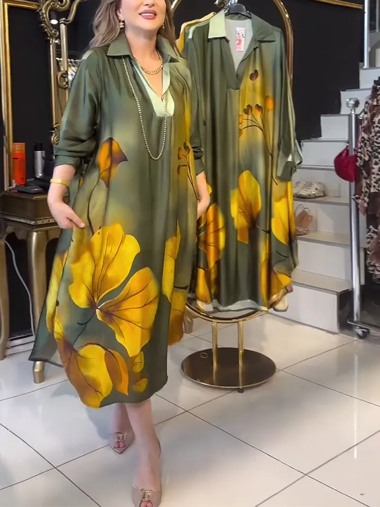 New Autumn Fashion Turn-down Collar Print Loose Dress For Women Elegant Holiday Casual Dresses Female Robe Femme vestidos