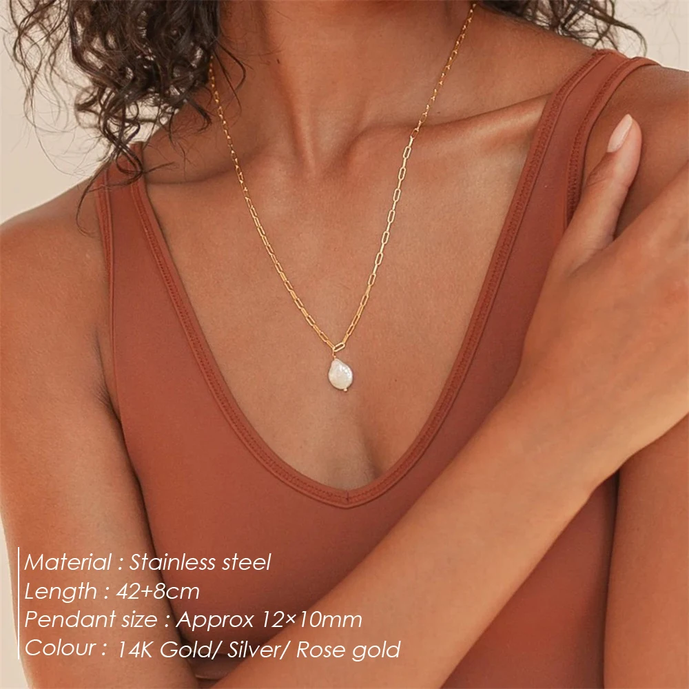 eManco Freshwater Pearl Pendant Necklace Trendy Stainless Steel Necklace Gold Color Jewelry Rectangular Chain Pendant