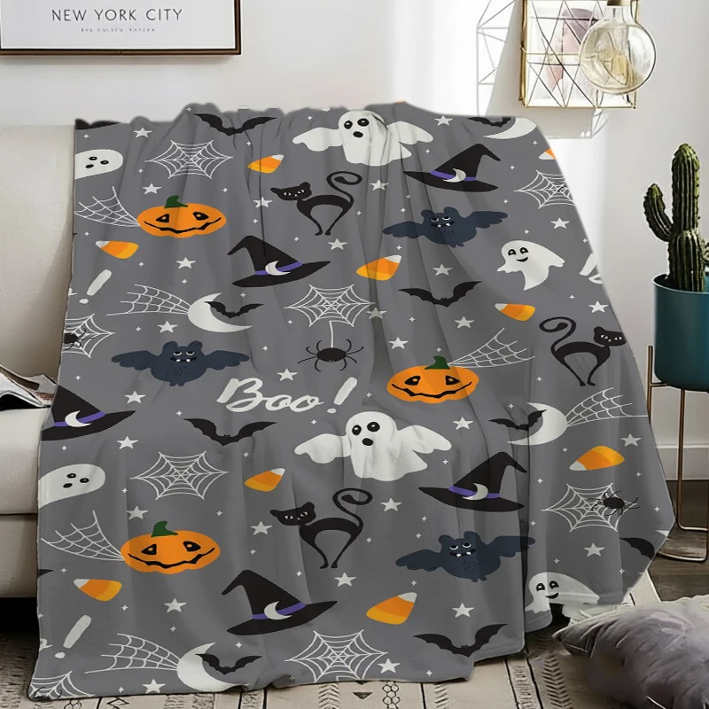 Grey Cat Witch Hat Ghost Pumpkin Halloween Throw Blanket Den Rest Corner Warm Blanket Guest Quarters Patio Sunroom Presents