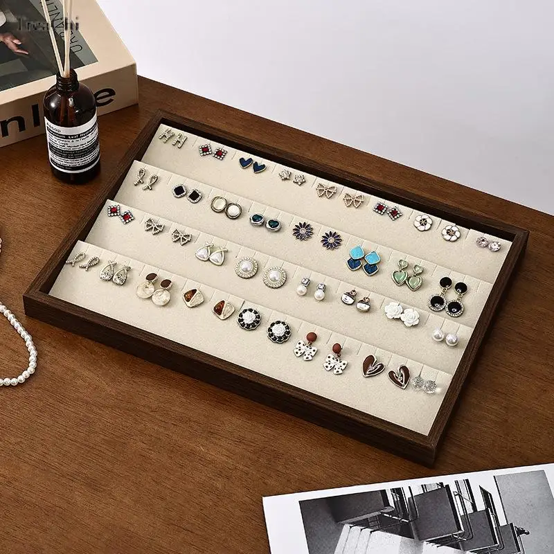 35X24Cm Beige Fabric Jewelry Tray with Walnut Wood Grain Pattern for Displaying Rings Earrings Necklaces Pendants and Bracelets