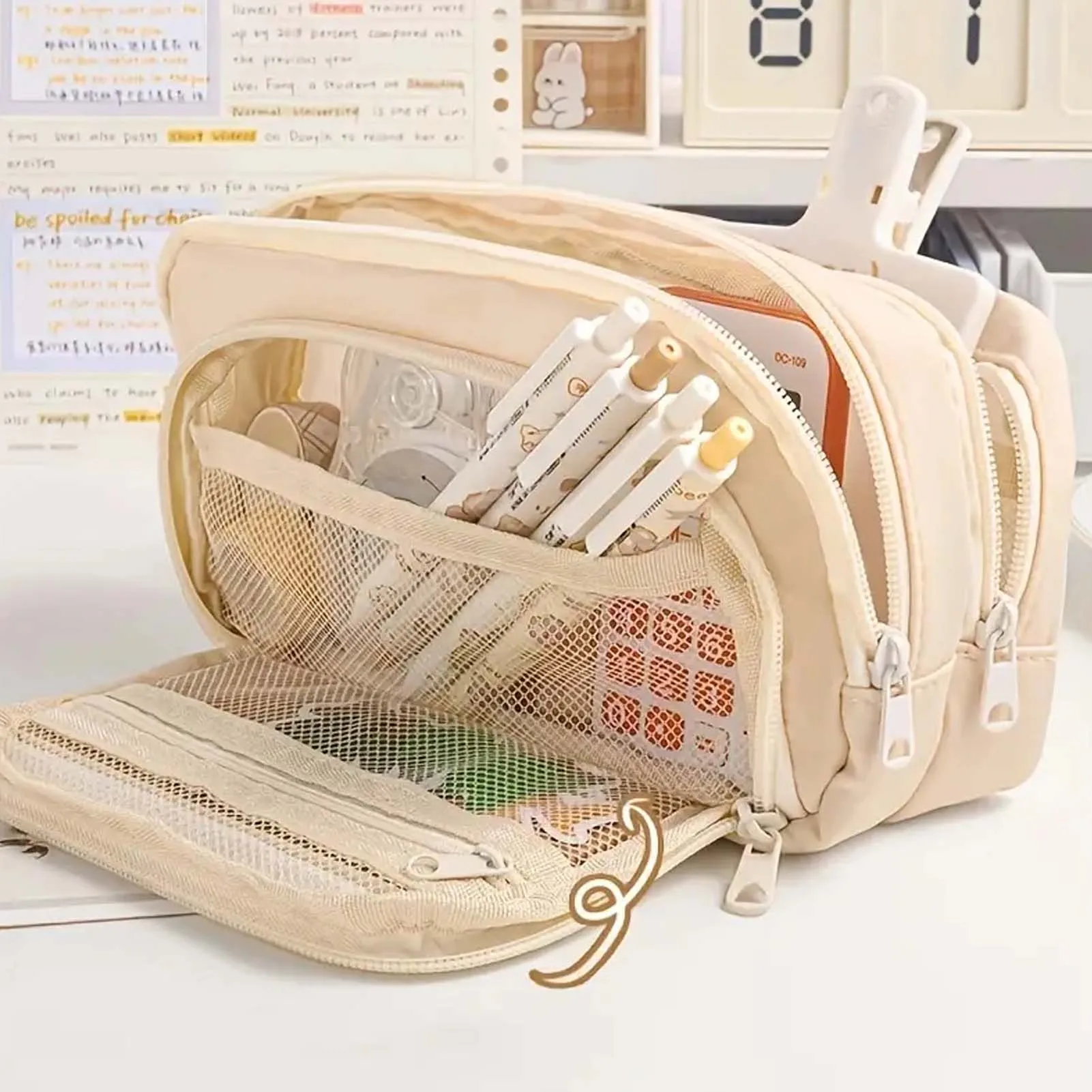Portable Three-Layer Pencil Case Zipper Stationery Storage Bags with Zipper for School Student Teen Girl Boy