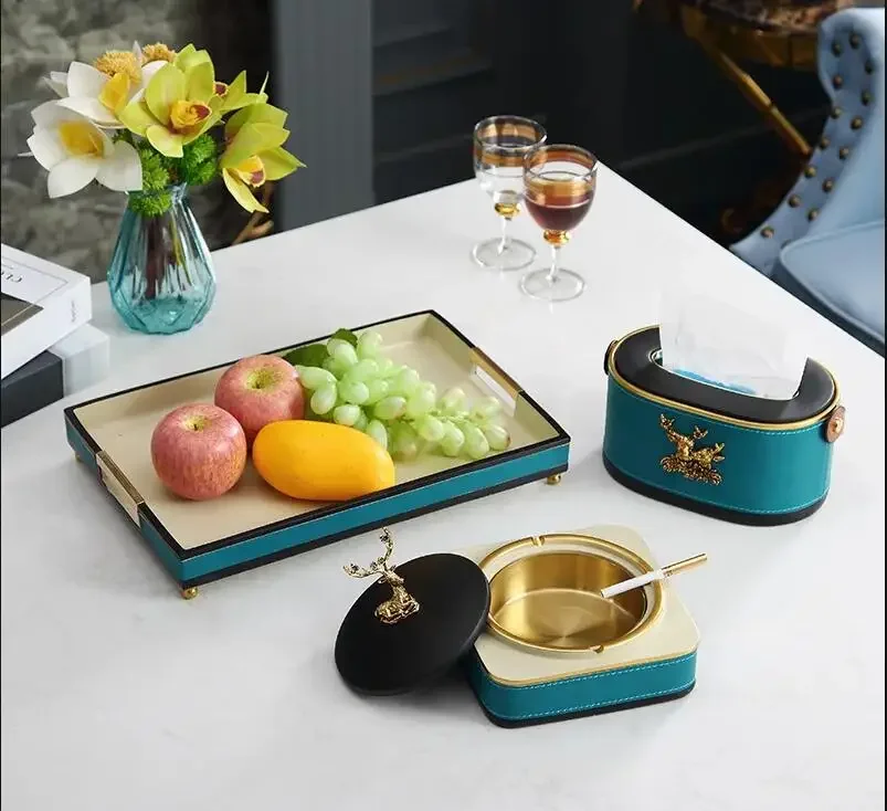 Resin Leather Blue Dried Fruit Box Snack Platter Tissue Ashtray Multifunction Storage Deer Decoration Organize Pallets