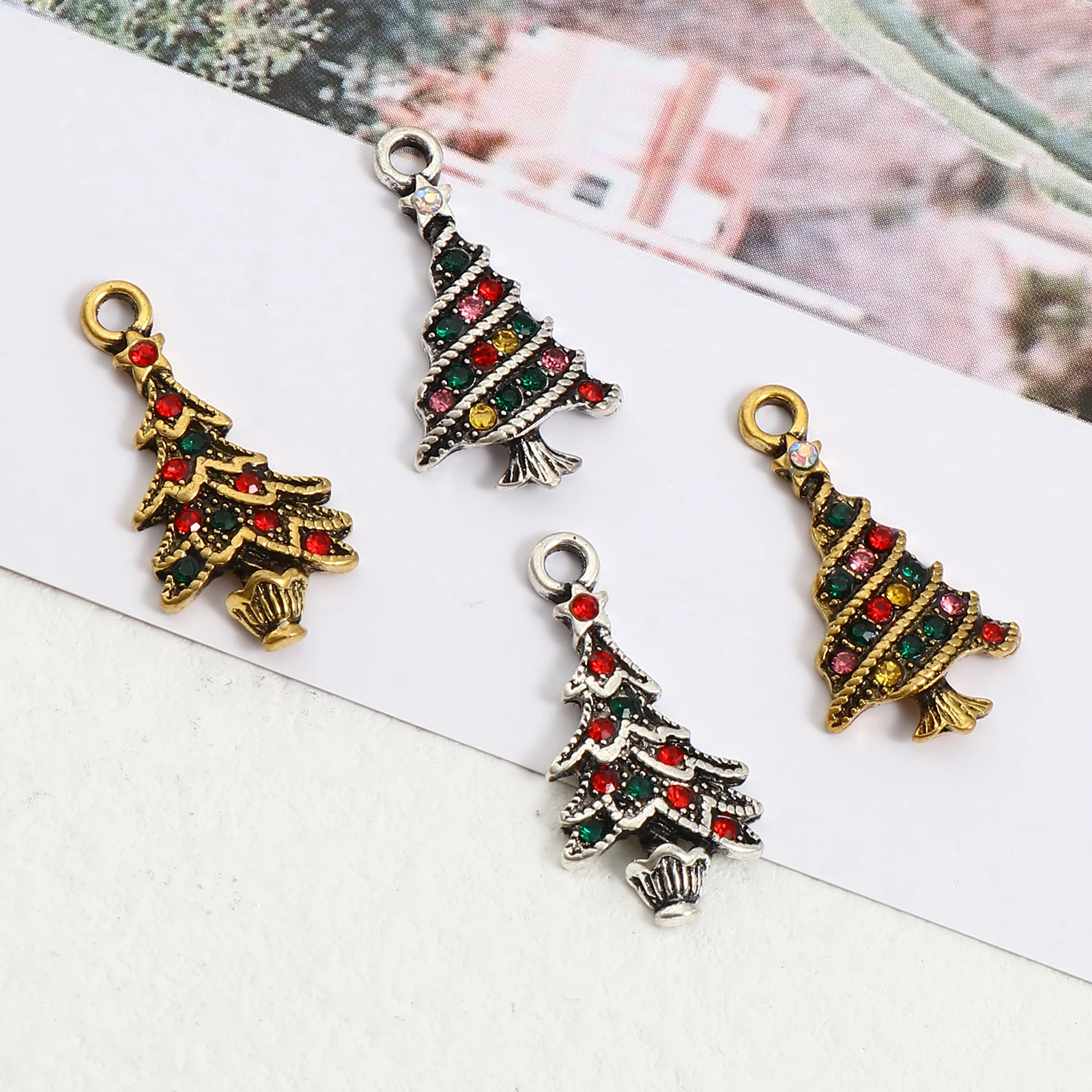 5PCs Multicolor Christmas Tree Charms Pendant Jewelry Making Rhinestone Pendant Necklace DIY Pendant Earrings Findings