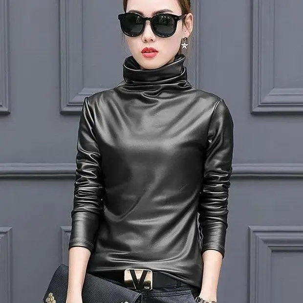 Autumn New Korean Version High Neck Women's Fashionable Slimming PU Leather Long Sleeved T-shirt Versatile Solid Color