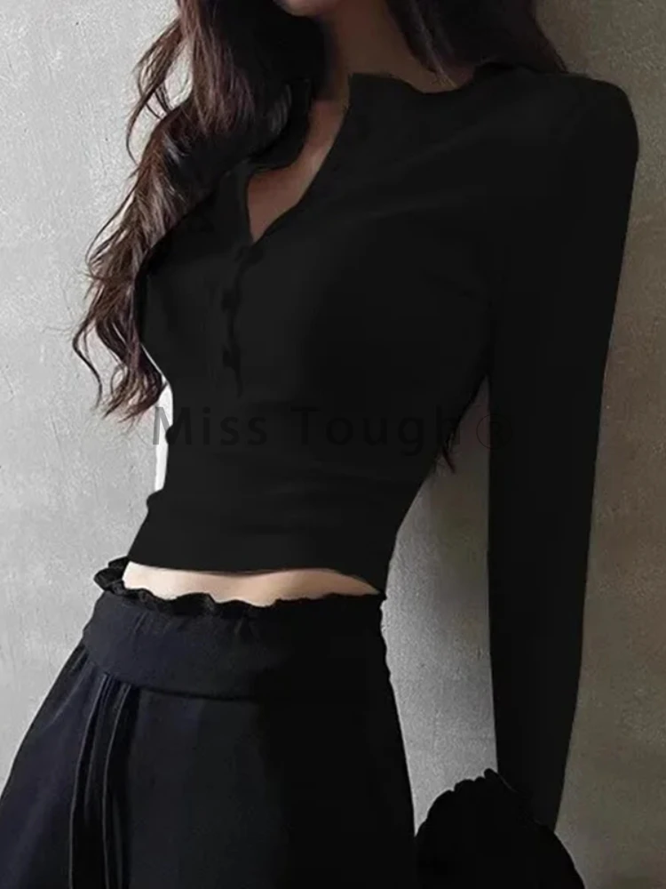 Autumn Wine Red Button Up Y2k T-shirt Women Winter Chic Long Sleeve Slim Fit Tops Korean 2024 Streetwear Solid Basic Casual Tees
