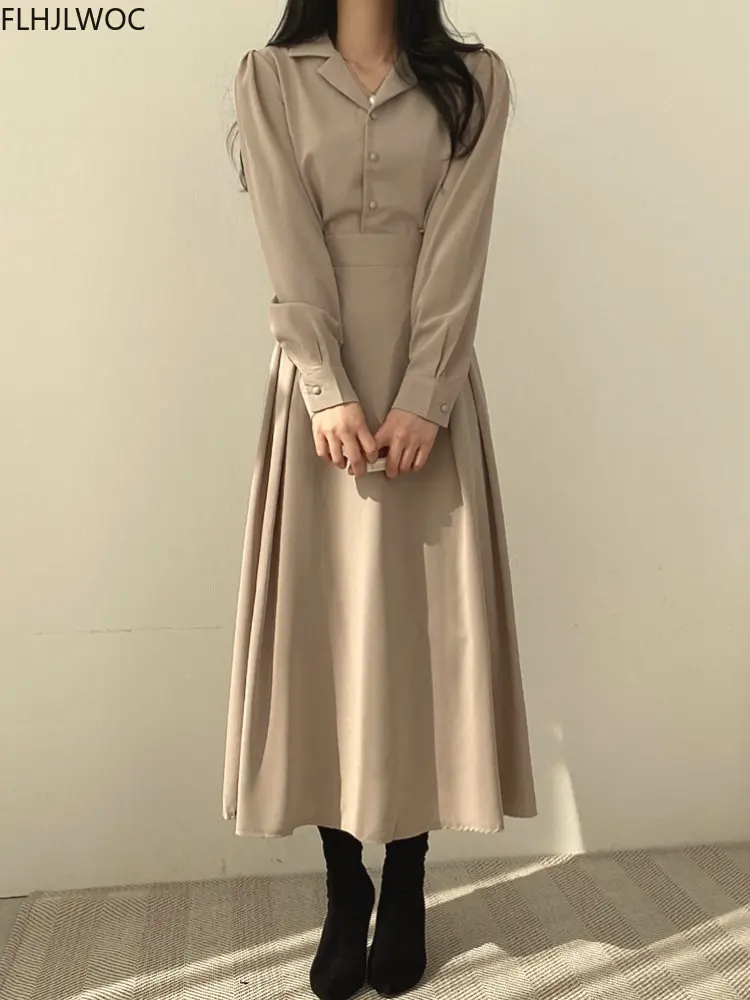 

Женское платье макси на пуговицах, однотонное черное приталенное офисное платье в Корейском стиле, Осень-зима 2022