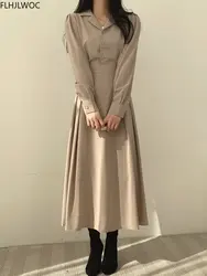 2022 Autumn Winter Chic Korean Temperament Lady Women Office Lady Basic Work Wear Solid Black Slim Retro Button Long Maxi Dress