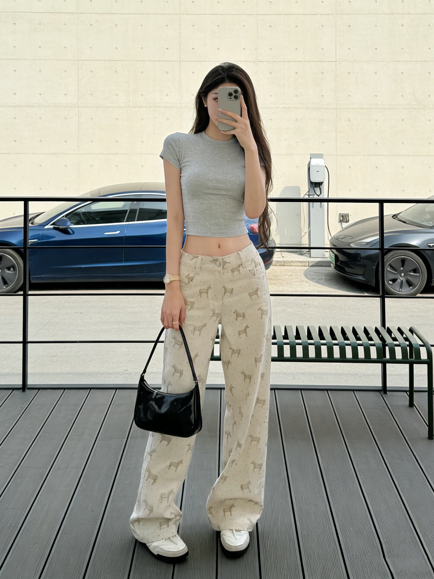 

Retro Print Washed Denim Pants Women's Summer 2026 New Korean Style Wide Leg Loose Straight Long Trousers
