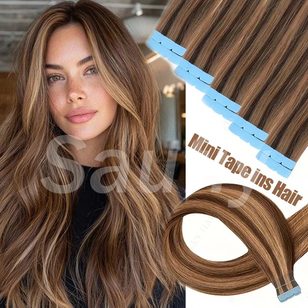 Balayage Brown Mini Tape-in Echthaarverlängerungen, doppelseitiges, unsichtbares, nahtloses Tape-in-Haar, 10 Stück/Set, natürlich glatt, schwarz, braun, blond, Mini-Tape-in-Haar, 10 Stück/Packung