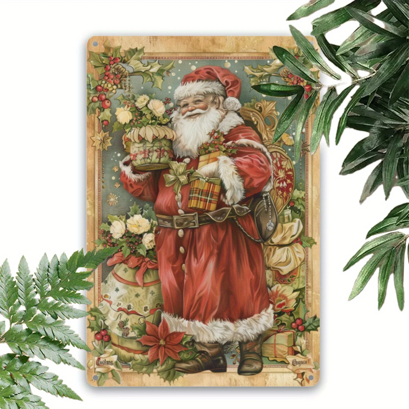 Vintage Victorian Santa Claus Tin Foil Stamping Sign,  , Festive Wall Art for Home, Bar, Restaurant, Cafe, Garden, Holiday Gift