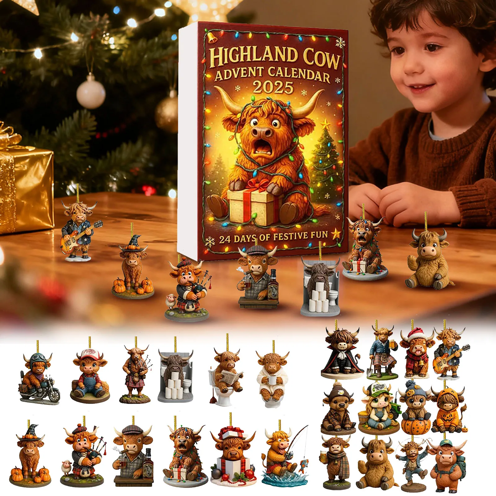 Minuterie de 30 minutes sable 2D vache calendrier de l'avent 2025 24 pièces ornements suspendus de vache faits à la main pour noël minuterie de cuisine mignonne pour les enfants