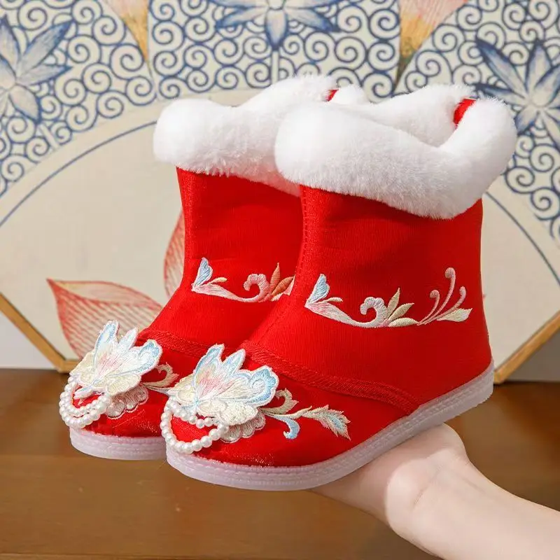 2024 Winter Girls Ethnic Style Embroidered Cotton Boots Soft Sole Non Slip High Top Slip On Plush Warm Hanfu Shoes New Year Shoe