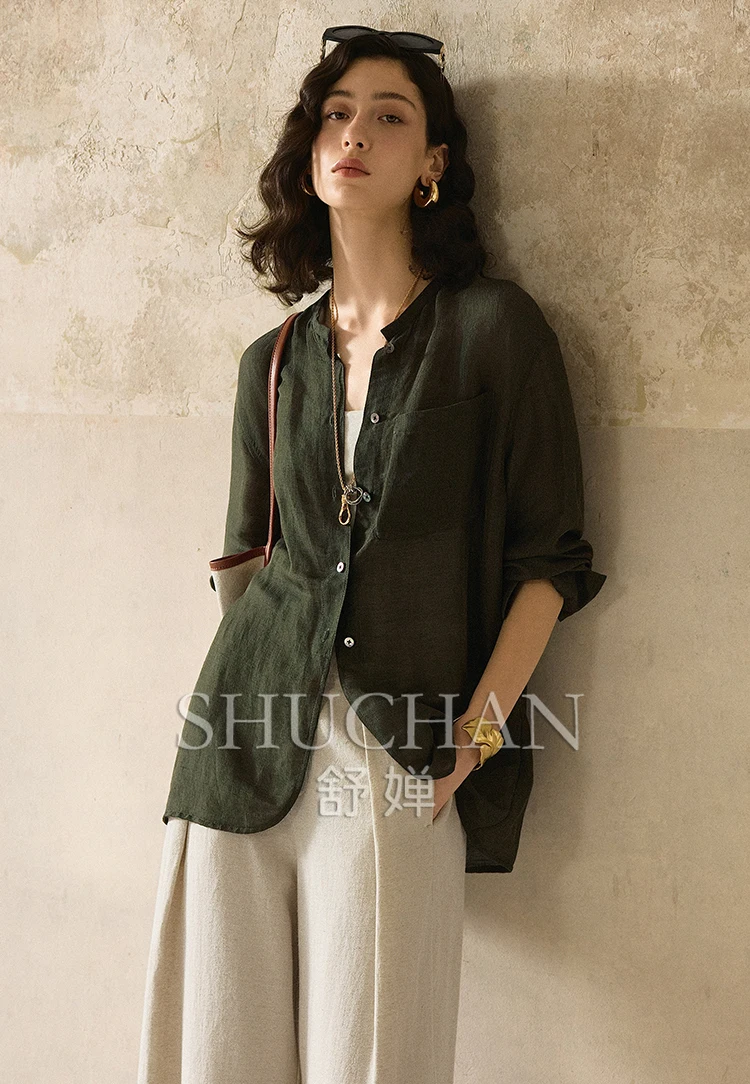 

Air Sense Fashion Grade льняной шелк, круглый вырез, слегка широкая рубашка с длинными рукавами, женские блузки для женщин, мода