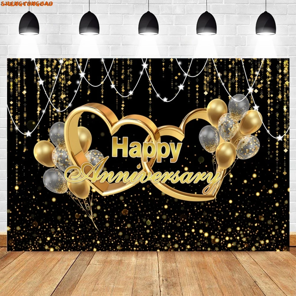 Happy Anniversary Backdrop For Photography Gold Balloon Glitter Love Heart Wedding Birthday Party Bridal Shower Photo Background