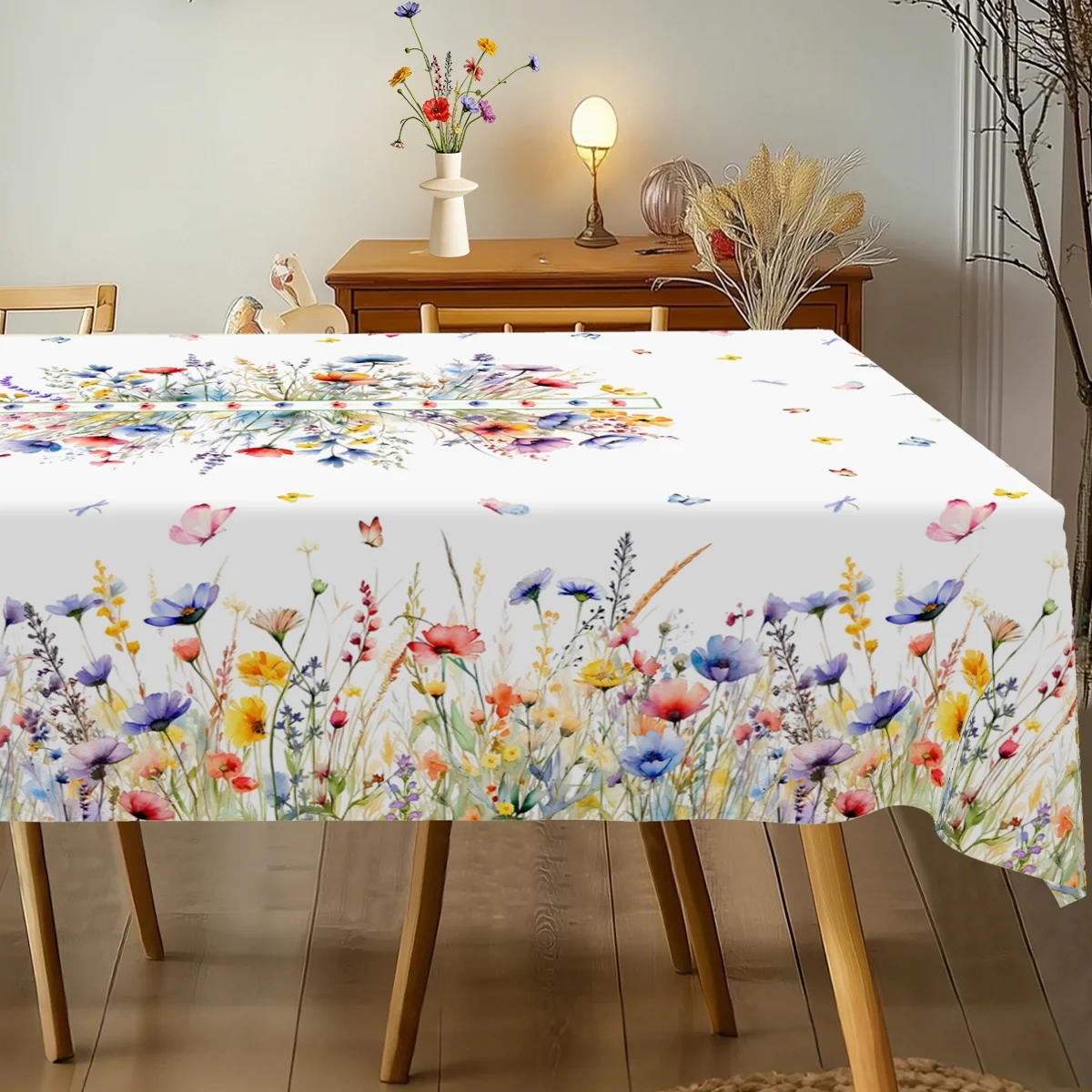 Spring Wildflowers Florals Butterfly Table Cover Wedding Birthday Party Decoration Rectangle Round Tablecloth Picnic Table Decor