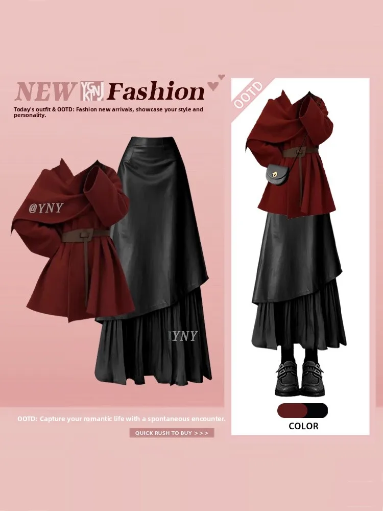 

Ретро-комплект из красного вязаного жакета и асимметричной юбки, зимний, больших размеров, для женщин, модный и стильный наряд.