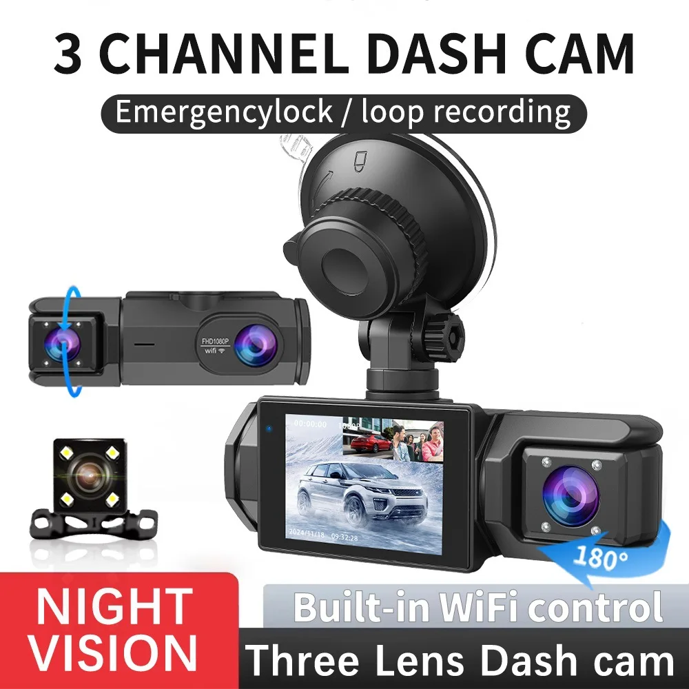 Dash Came For Cars 3 Channels 32G FHD1080P Driving Recorder Car DVR Night Vision Loop Recording G-sensor Front & Rear Dash Cam