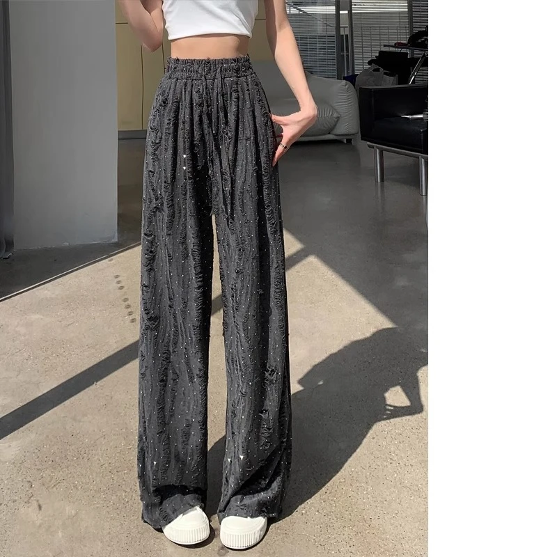 Women Elastic Waist Pleated Loose Pockets Wide Leg Pant Summer New Drawstring Casual Fashion High Waist Straight Pants Trend