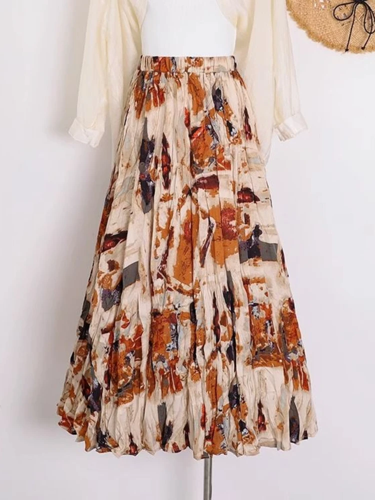 

Vintage Floral Printed Beach Long Skirts Women High Waist Large Swing A-line Pleated Midi Skirt Elegant Fashion Faldas