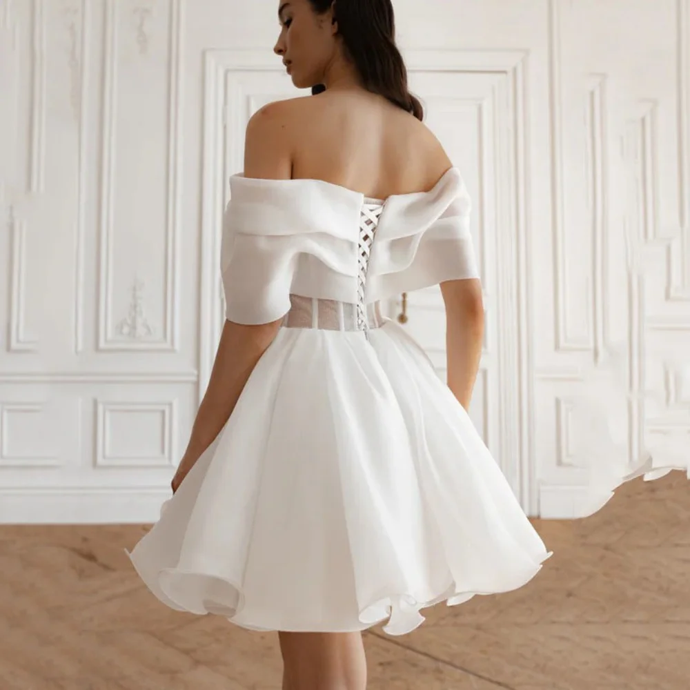 Customized Simple Tulle A-Line Wedding Dresses Illusion Off Shoulder Bridal Gowns Mini Lace Up Bride Robes Robe De Mariée