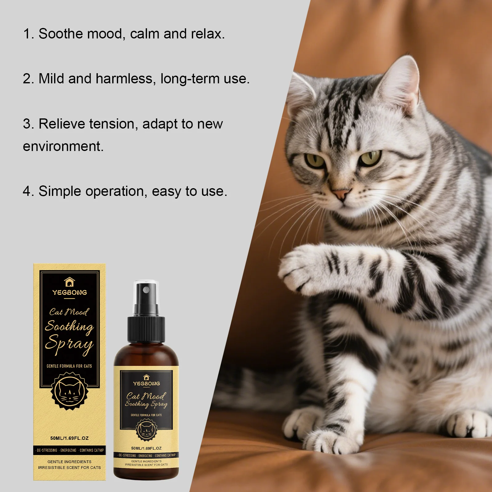 Cat Calming Spray Natural Anti-Stress Cat Mood Soothing Anxiety Relief Reduces Furniture Scratching Urine Marking Pet Calm Spray