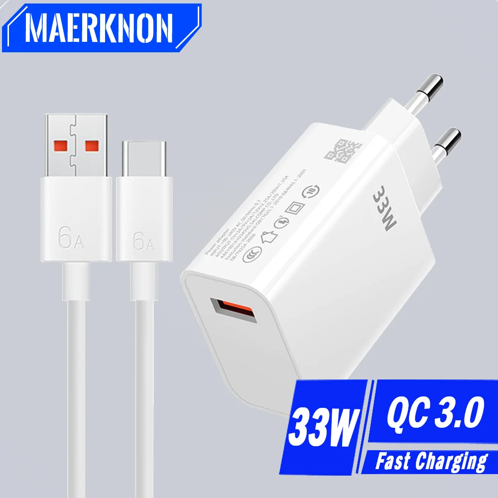 Cargador rápido USB de 33W para teléfono móvil, adaptador de carga rápida 6A, Cable tipo C para Samsung, Xiaomi, Huawei, QC 3,0