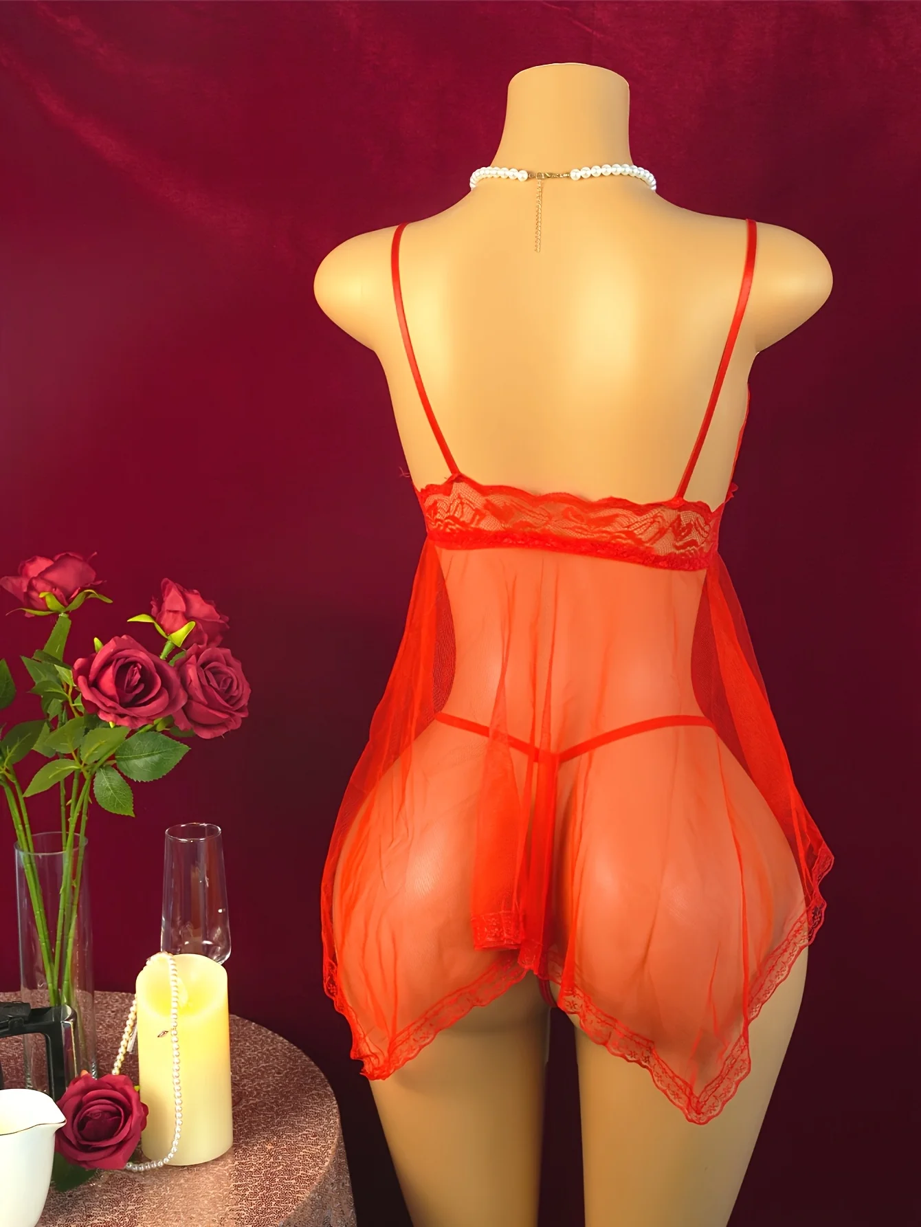 Floral Lace Red Babydoll Lingerie Sexy See-Through Chemise Nightgown for Women Sensual Sleepwear Honeymoon Party Outfit (Necklac